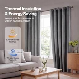VOGREX Grey Velvet Thick Thermal Blackout Eyelet Curtains - thumbnail 4