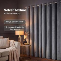 VOGREX Grey Velvet Thick Thermal Blackout Eyelet Curtains - thumbnail 6