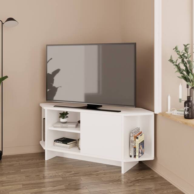 BIMOSSA Teo Corner TV Stand, Compact Unit for up to 50 inch TVs with Cabinet in White - image 1