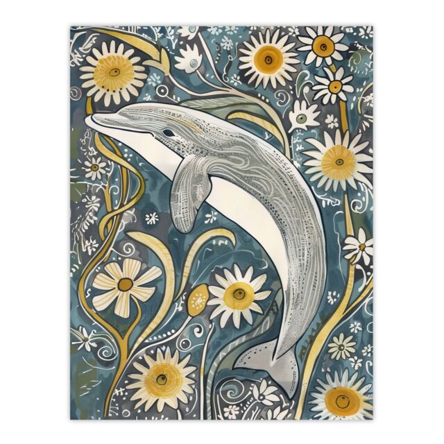 "Artery8 Dolphin Daisy Wildflowers Artwork Quirky Floral Wall Art Print in Blue - Size: W24"" x H32""" - image 1