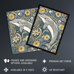 "Artery8 Dolphin Daisy Wildflowers Artwork Quirky Floral Wall Art Print in Blue - Size: W24"" x H32""" - thumbnail 2