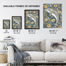 "Artery8 Dolphin Daisy Wildflowers Artwork Quirky Floral Wall Art Print in Blue - Size: W24"" x H32""" - thumbnail 3