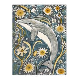 "Artery8 Dolphin Daisy Wildflowers Artwork Quirky Floral Wall Art Print in Blue - Size: W24"" x H32""" - thumbnail 1