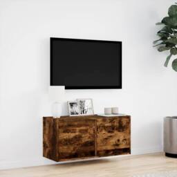 Berkfield Home TV Wall Cabinet with LED Lights Smoked Oak 80x31x35 cm in Brown - Size: 80 x 31 x 35 cm - thumbnail 4