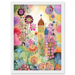 Artery8 Countryside Garden Flowers In Spring Folk Art Watercolour Painting Artwork Framed Wall Art Print A4 in White - thumbnail 1