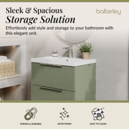 Balterley Fluted Wall Hung 2 Drawer Vanity Basin Unit & Basin 600mm, Satin Green - thumbnail 2