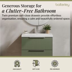 Balterley Fluted Wall Hung 2 Drawer Vanity Basin Unit & Basin 600mm, Satin Green - thumbnail 3