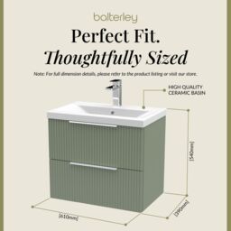 Balterley Fluted Wall Hung 2 Drawer Vanity Basin Unit & Basin 600mm, Satin Green - thumbnail 5