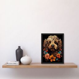 Artery8 Wall Art Print Cockapoo Dog with Flowers Artwork Orange Brown Blue Floral Art Nouveau Portrait on Black Artwork Framed A4 - thumbnail 2