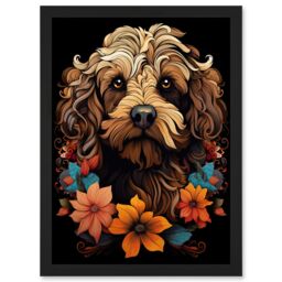 Artery8 Wall Art Print Cockapoo Dog with Flowers Artwork Orange Brown Blue Floral Art Nouveau Portrait on Black Artwork Framed A4 - thumbnail 1