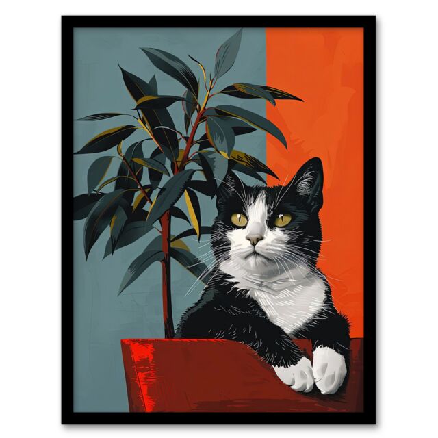 Artery8 Wall Art Print Tuxedo Cat Portrait Sitting in Plant Pot Art Framed Poster in Black - Size: A4 - image 1