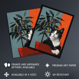 Artery8 Wall Art Print Tuxedo Cat Portrait Sitting in Plant Pot Art Framed Poster in Black - Size: A4 - thumbnail 2