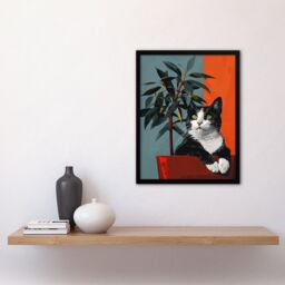 Artery8 Wall Art Print Tuxedo Cat Portrait Sitting in Plant Pot Art Framed Poster in Black - Size: A4 - thumbnail 4