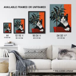Artery8 Wall Art Print Tuxedo Cat Portrait Sitting in Plant Pot Art Framed Poster in Black - Size: A4 - thumbnail 3