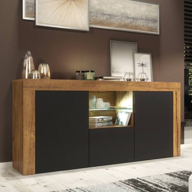 Mex Furniture LTD Sideboard Aurora 145cm - Dark Oak & Black Matt Doors & LED Lights - image 1