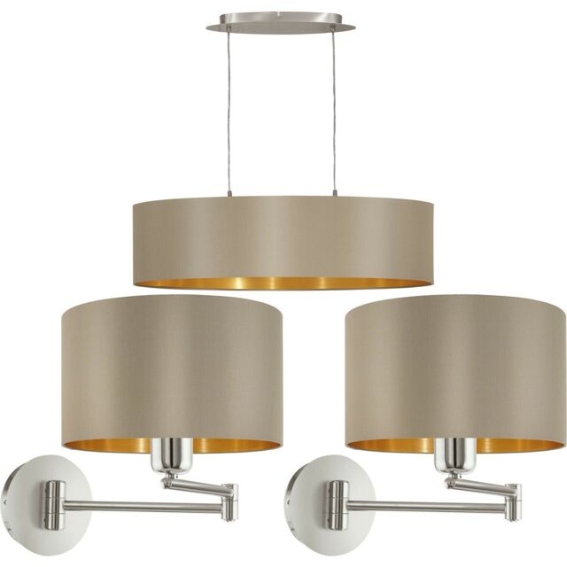 Loops Ceiling Pendant Light & 2x Matching Wall Lights Taupe & Gold Large Linear Shade - image 1