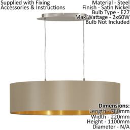 Loops Ceiling Pendant Light & 2x Matching Wall Lights Taupe & Gold Large Linear Shade - thumbnail 2