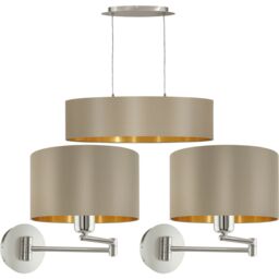 Loops Ceiling Pendant Light & 2x Matching Wall Lights Taupe & Gold Large Linear Shade - thumbnail 1