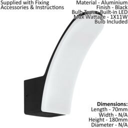 Loops IP44 Outdoor Wall Light Black Aluminium 11W Built in LED Porch Lamp - thumbnail 2
