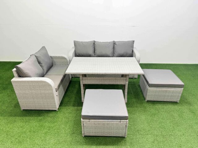 Fimous 7 Seater PE Rattan Wicker Garden Furniture Patio Conservatory Sofa Set with Rectangular Dining Table 3 Seater Sofa Love Sofa 2 Big Footstool - image 1