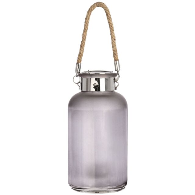 Love Lace Frosted Grey Glass Lantern with Rope Detail & LED