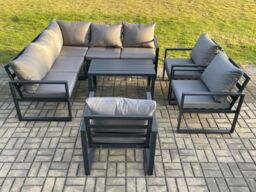 Fimous 8 Seater Aluminium Outdoor Garden Furniture Set Patio Lounge Sofa with Oblong Coffee Table Chair Dark Grey - thumbnail 2