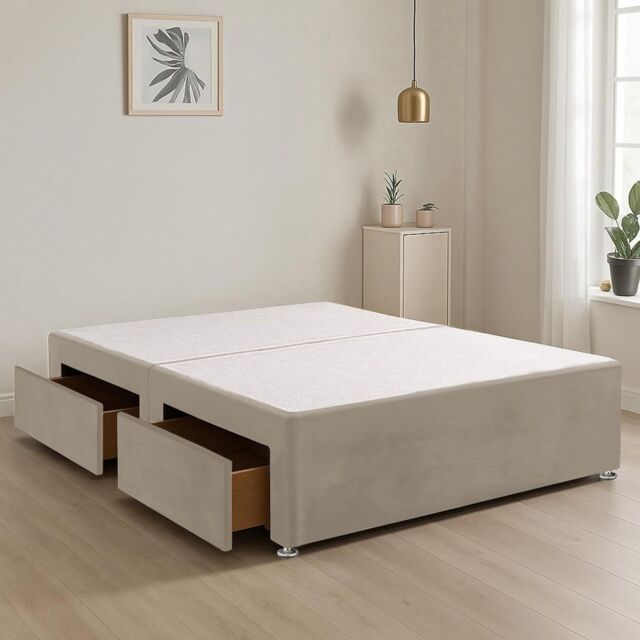 Bed Time UK Plush Fabric Divan Bed Base with 2 Storage Drawers, Stylish & Space-Saving in Ivory - Size: King - image 1