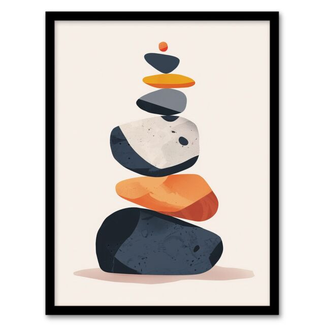 Artery8 Vertical Stacked Stones Zen Bright Graphic Boho Framed Art Print in Orange - Size: A4 - image 1
