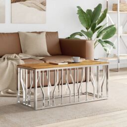 Berkfield Home Coffee Table Silver Stainless Steel & Solid Wood Acacia - thumbnail 1