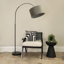ValueLights Louis Black Arched Curved Floor Lamp with Velvet Drum Lamp Shade in Grey - thumbnail 1