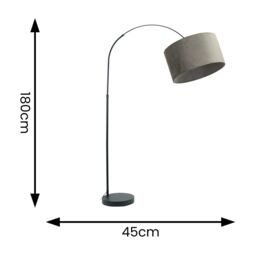 ValueLights Louis Black Arched Curved Floor Lamp with Velvet Drum Lamp Shade in Grey - thumbnail 4
