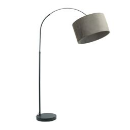 ValueLights Louis Black Arched Curved Floor Lamp with Velvet Drum Lamp Shade in Grey - thumbnail 2