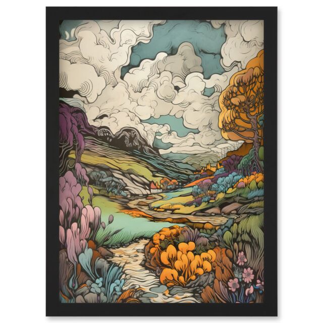 Artery8 Meadow River Multicoloured Landscape Illustration Artwork Framed Wall Art Print A4 in Black - image 1