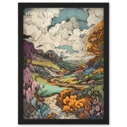 Artery8 Meadow River Multicoloured Landscape Illustration Artwork Framed Wall Art Print A4 in Black - thumbnail 1