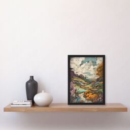 Artery8 Meadow River Multicoloured Landscape Illustration Artwork Framed Wall Art Print A4 in Black - thumbnail 2