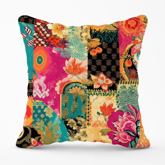 Warren Reed - Designer Patchwork Mixed Textiles Outdoor Cushion in Pink - Size: 60 cm x 60 cm - image 1