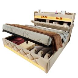 Matteo Upholstered Super King Bed with LED, USB, Hydraulic Storage - Beige - thumbnail 8