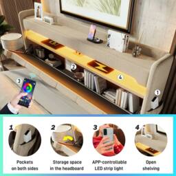 Matteo Upholstered Super King Bed with LED, USB, Hydraulic Storage - Beige - thumbnail 4
