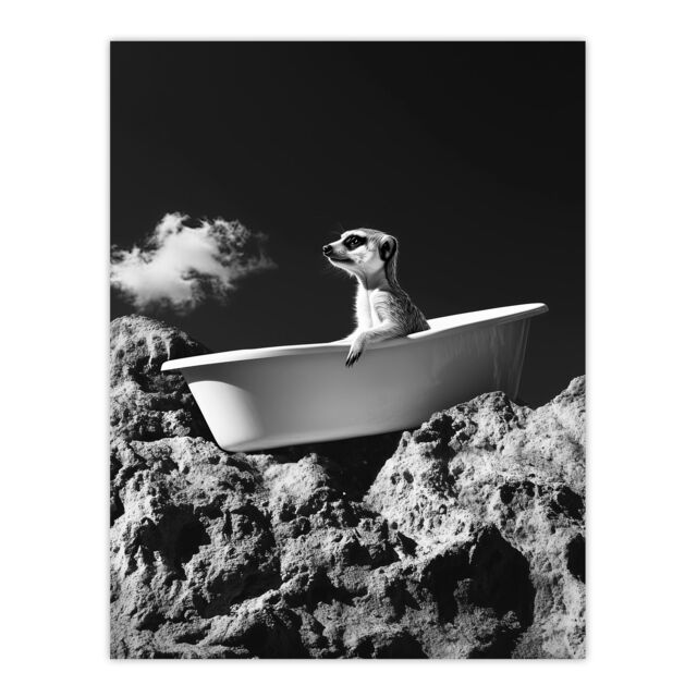"Artery8 Meerkat in Bathtub on a Rock Black White Surreal Wall Art Print in Grey - Size: W18"" x H24""" - image 1