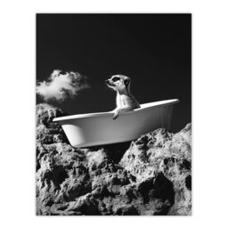 "Artery8 Meerkat in Bathtub on a Rock Black White Surreal Wall Art Print in Grey - Size: W18"" x H24""" - thumbnail 1