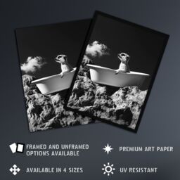 "Artery8 Meerkat in Bathtub on a Rock Black White Surreal Wall Art Print in Grey - Size: W18"" x H24""" - thumbnail 2