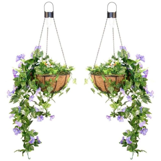 Primrose Pair of Artificial Duranta Purple Flowers Hanging Basket with Solar Light 26cm - image 1