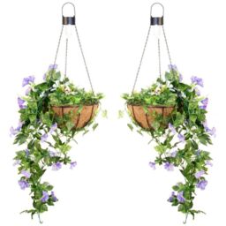 Primrose Pair of Artificial Duranta Purple Flowers Hanging Basket with Solar Light 26cm