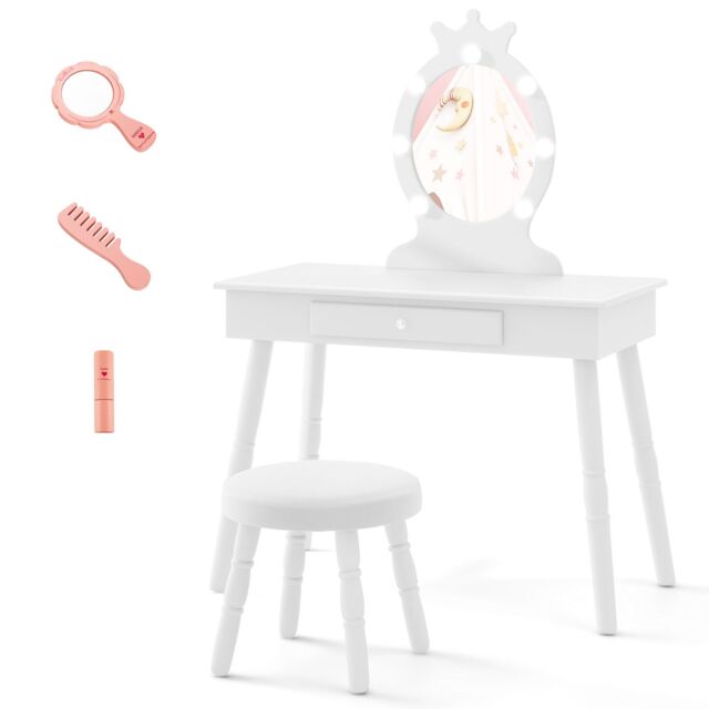 Gymax Kids Vanity Table Set With Stool Dressing Table With Light & Drawer in White - image 1