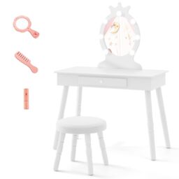 Gymax Kids Vanity Table Set With Stool Dressing Table With Light & Drawer in White - thumbnail 1
