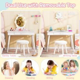 Gymax Kids Vanity Table Set With Stool Dressing Table With Light & Drawer in White - thumbnail 3