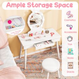 Gymax Kids Vanity Table Set With Stool Dressing Table With Light & Drawer in White - thumbnail 5