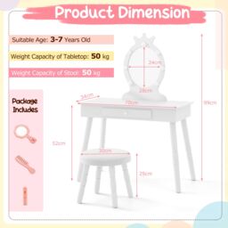 Gymax Kids Vanity Table Set With Stool Dressing Table With Light & Drawer in White - thumbnail 4