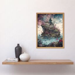Artery8 Wall Art Print Fantasy World Coastal Island Landscape Nymph House Magical Marine Life Flying Fish Seaweed Cloud Art Framed - thumbnail 2