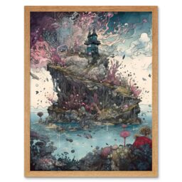 Artery8 Wall Art Print Fantasy World Coastal Island Landscape Nymph House Magical Marine Life Flying Fish Seaweed Cloud Art Framed - thumbnail 1